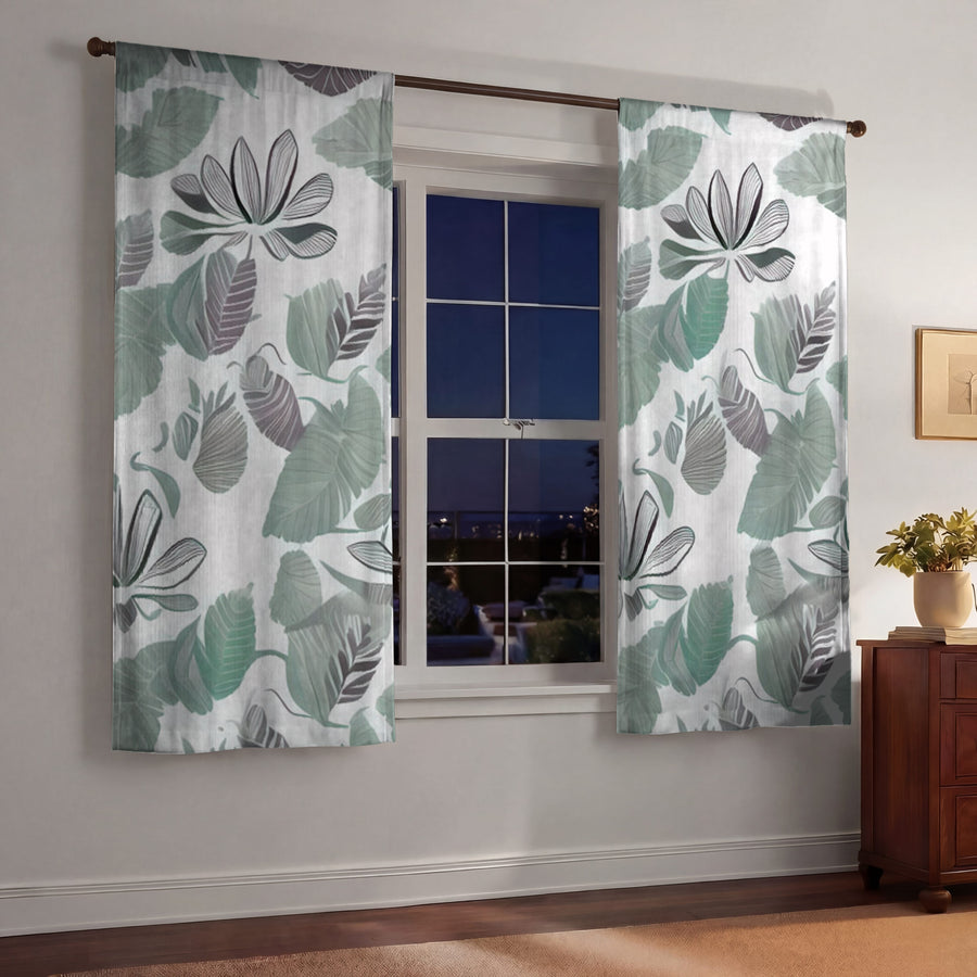 Green Botanical Leaf Pattern Window Curtains
