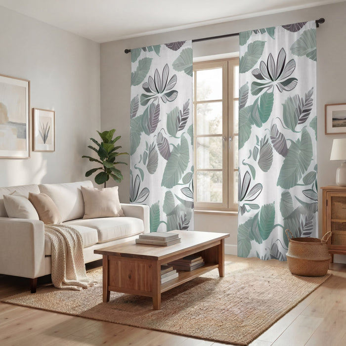 Green Botanical Leaf Pattern Window Curtains