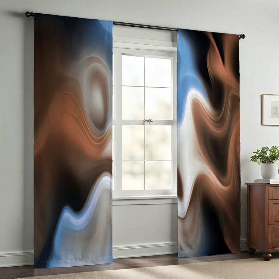 Blue and Brown Fluid Abstract Pattern Window Curtains