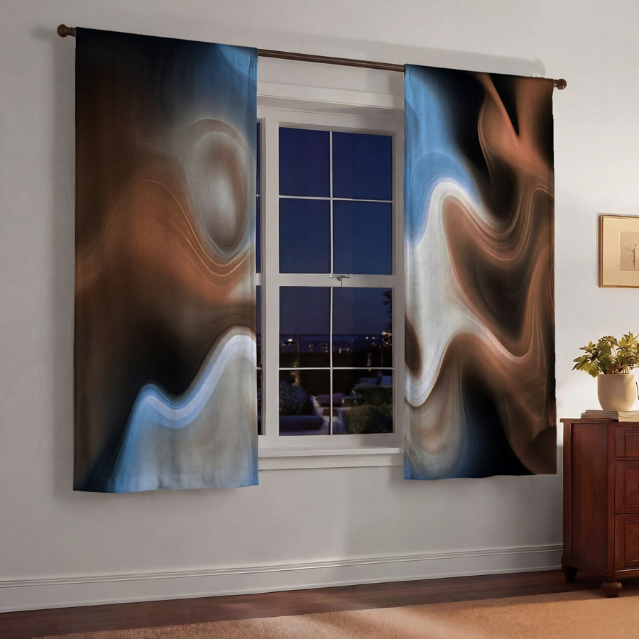 Blue and Brown Fluid Abstract Pattern Window Curtains