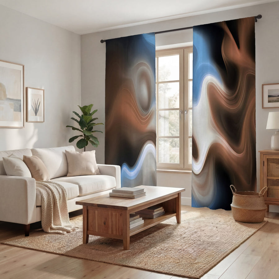 Blue and Brown Fluid Abstract Pattern Window Curtains