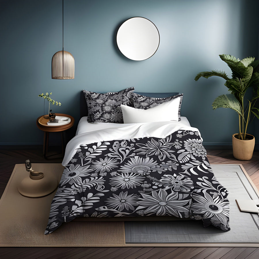 Gray Floral Botanical Pattern Duvet Cover