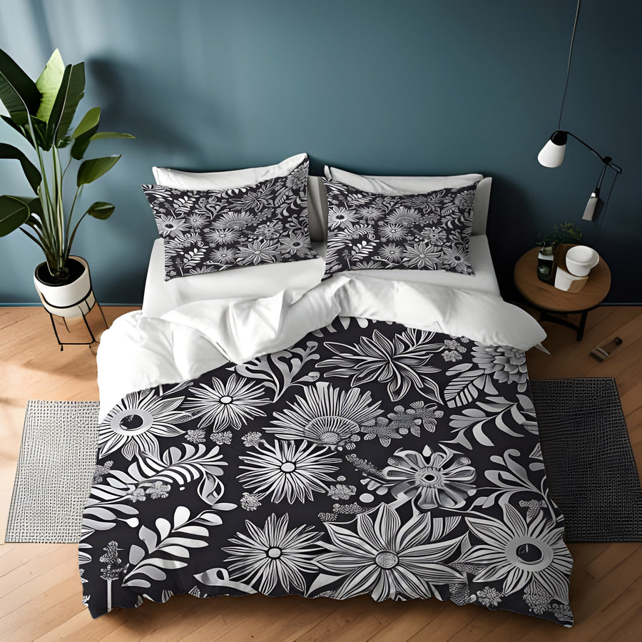 Gray Floral Botanical Pattern Duvet Cover