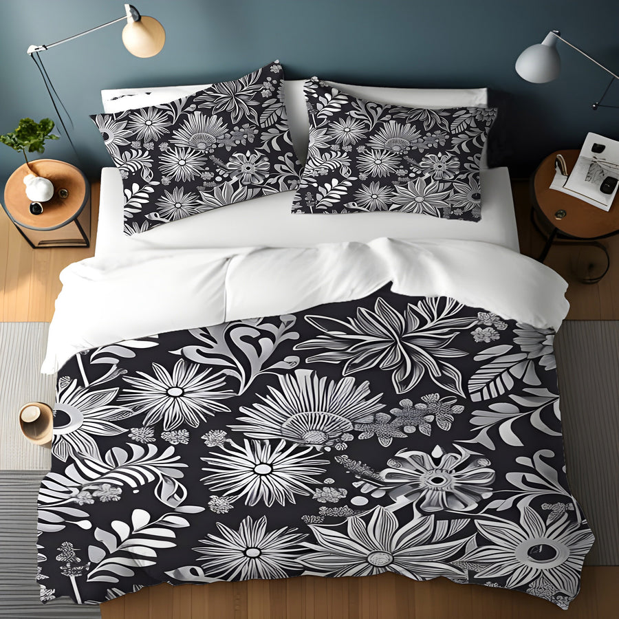Gray Floral Botanical Pattern Duvet Cover