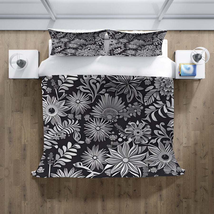 Gray Floral Botanical Pattern Duvet Cover
