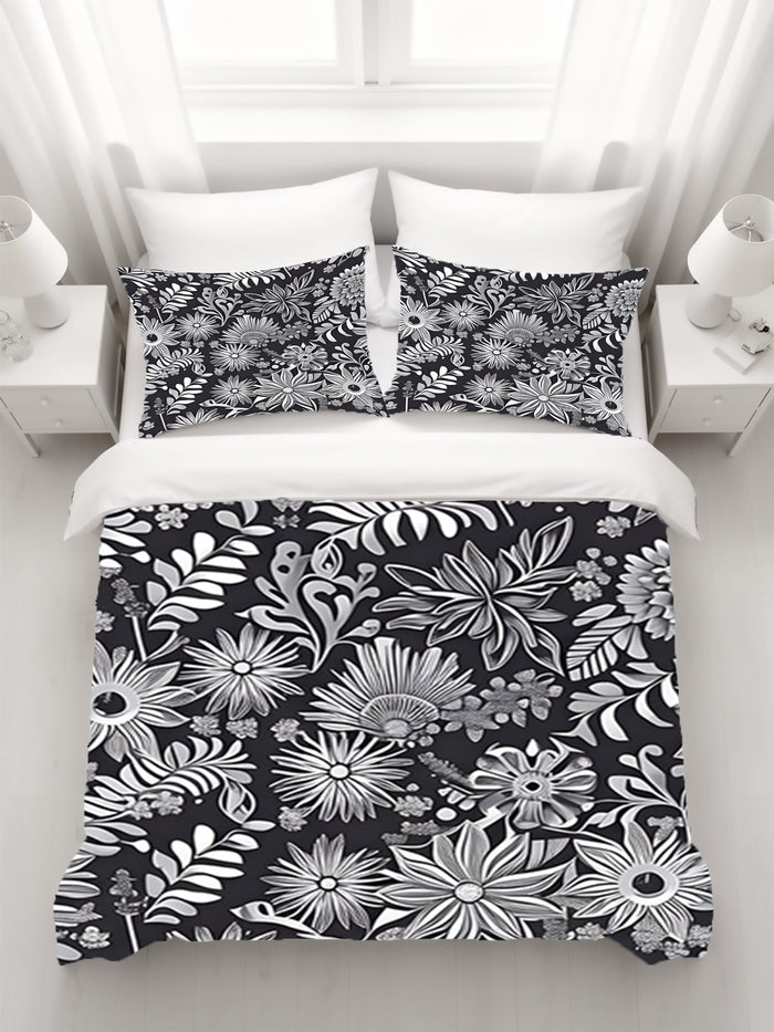 Gray Floral Botanical Pattern Duvet Cover