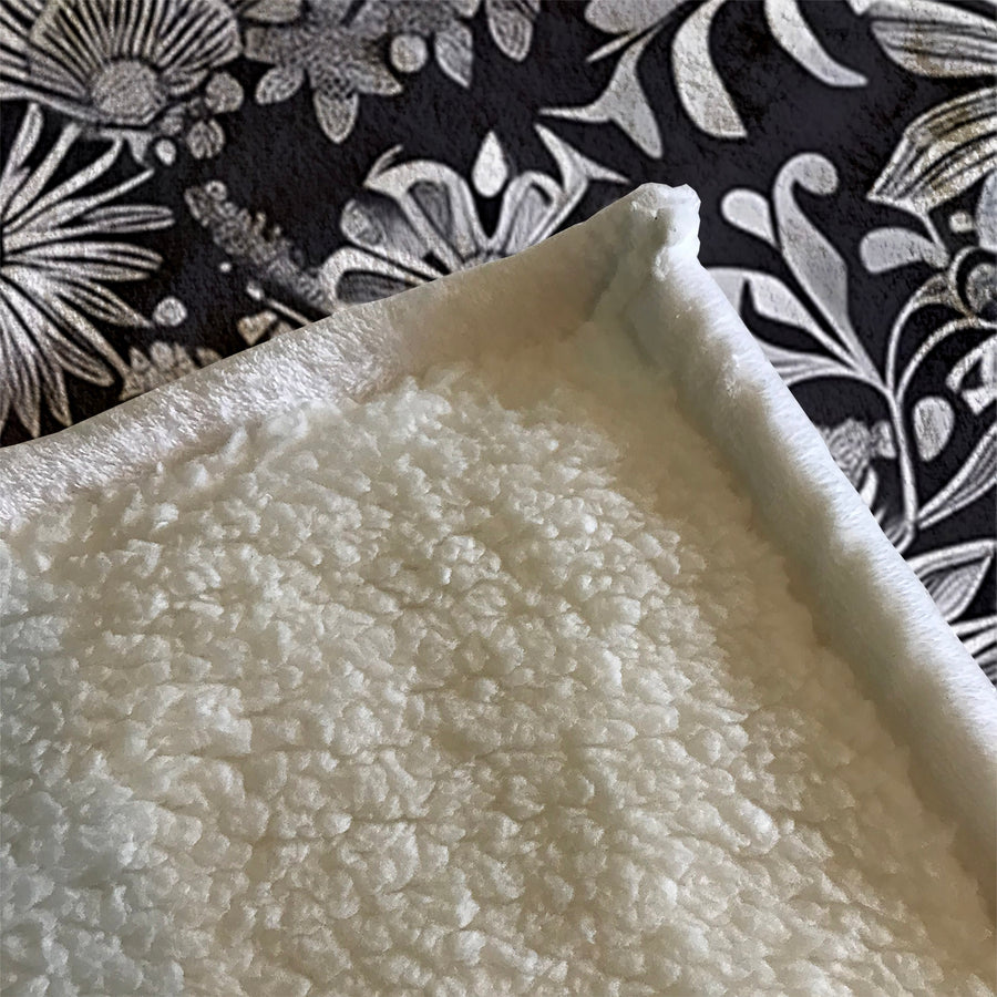 Gray Floral Botanical Pattern Fleece Sherpa Blanket