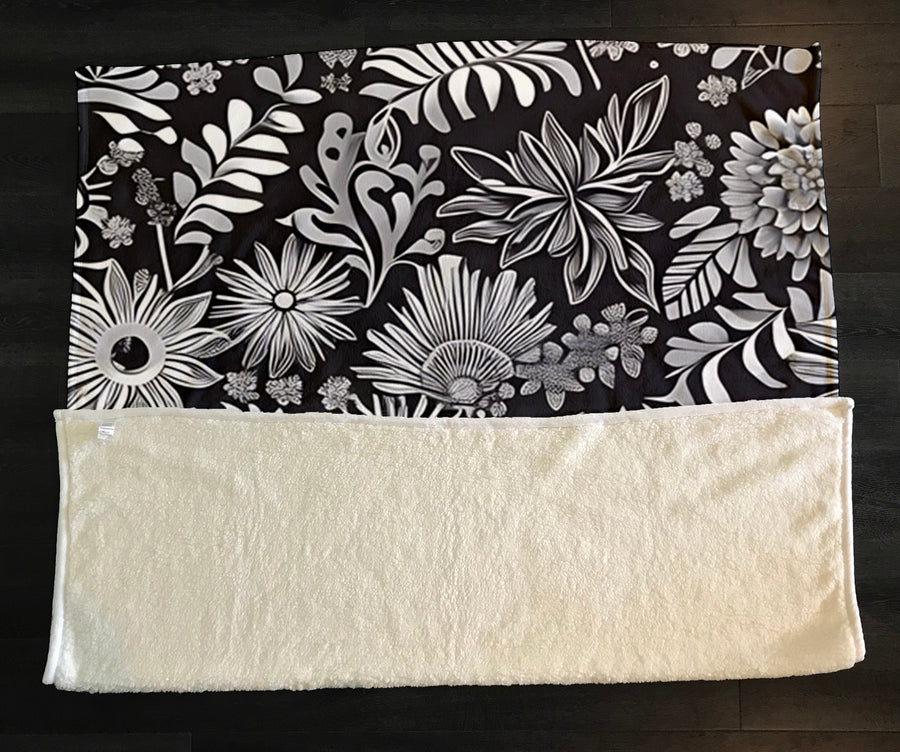 Gray Floral Botanical Pattern Fleece Sherpa Blanket