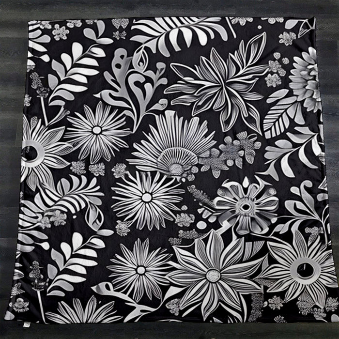 Gray Floral Botanical Pattern Fleece Sherpa Blanket