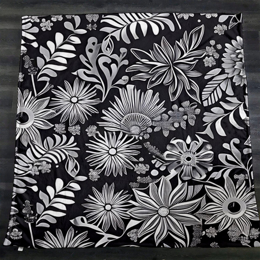 Gray Floral Botanical Pattern Fleece Sherpa Blanket