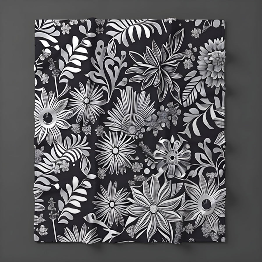 Gray Floral Botanical Pattern Fleece Sherpa Blanket