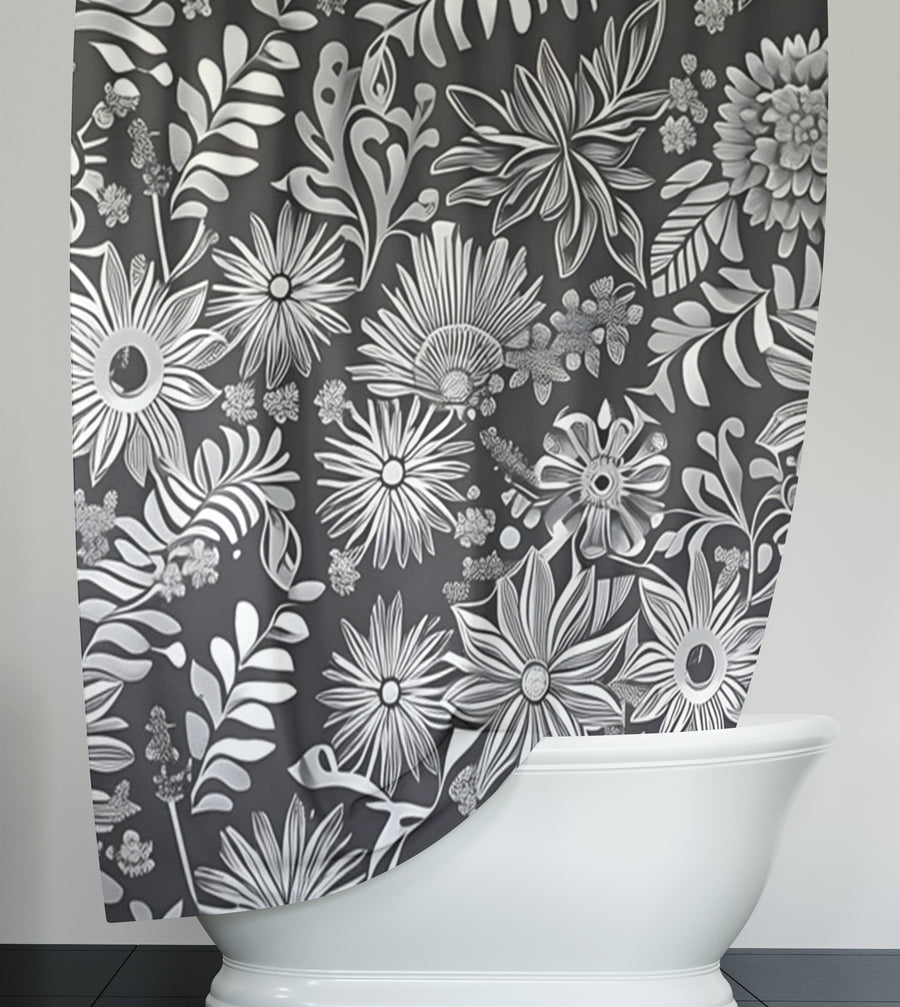 Gray Floral Botanical Pattern Shower Curtain