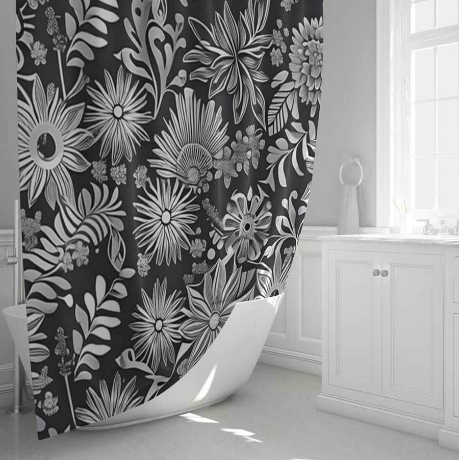 Gray Floral Botanical Pattern Shower Curtain
