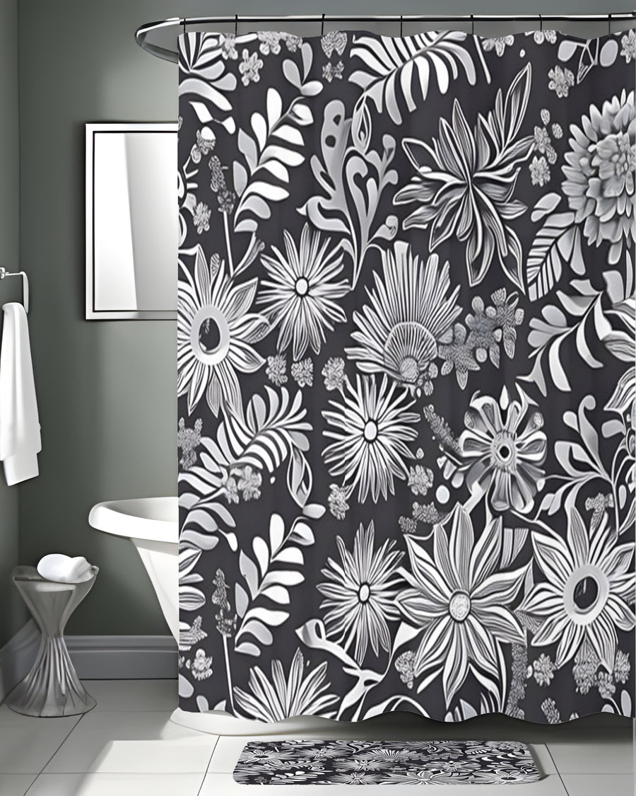 Gray Floral Botanical Pattern Shower Curtain