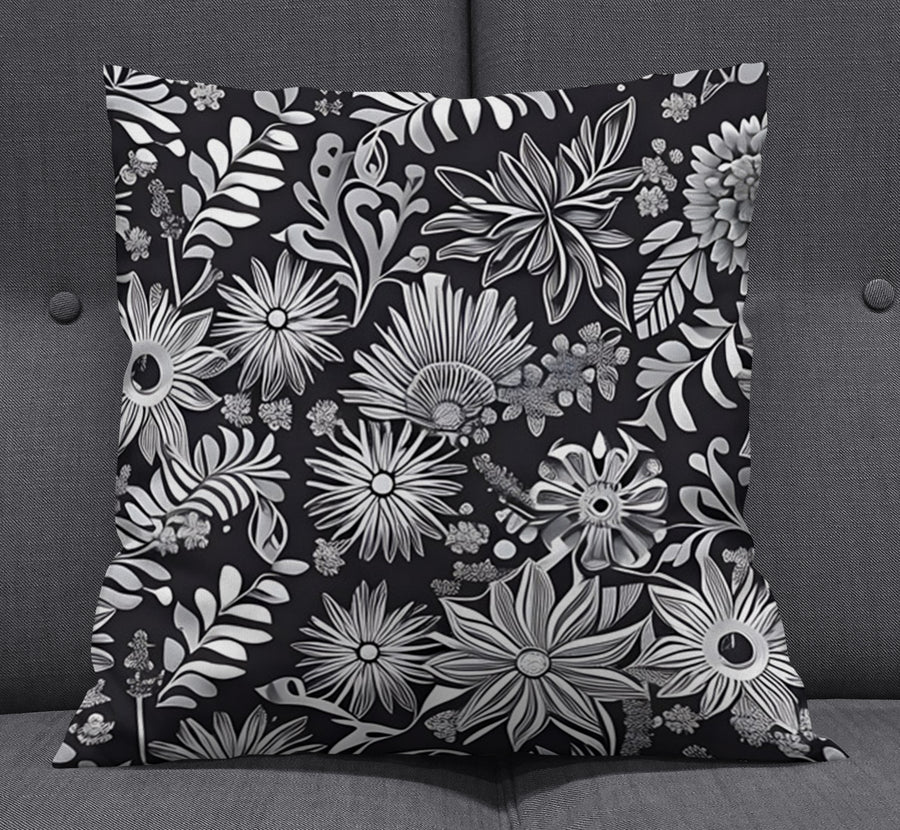 Gray Floral Botanical Pattern Throw Pillow Cover