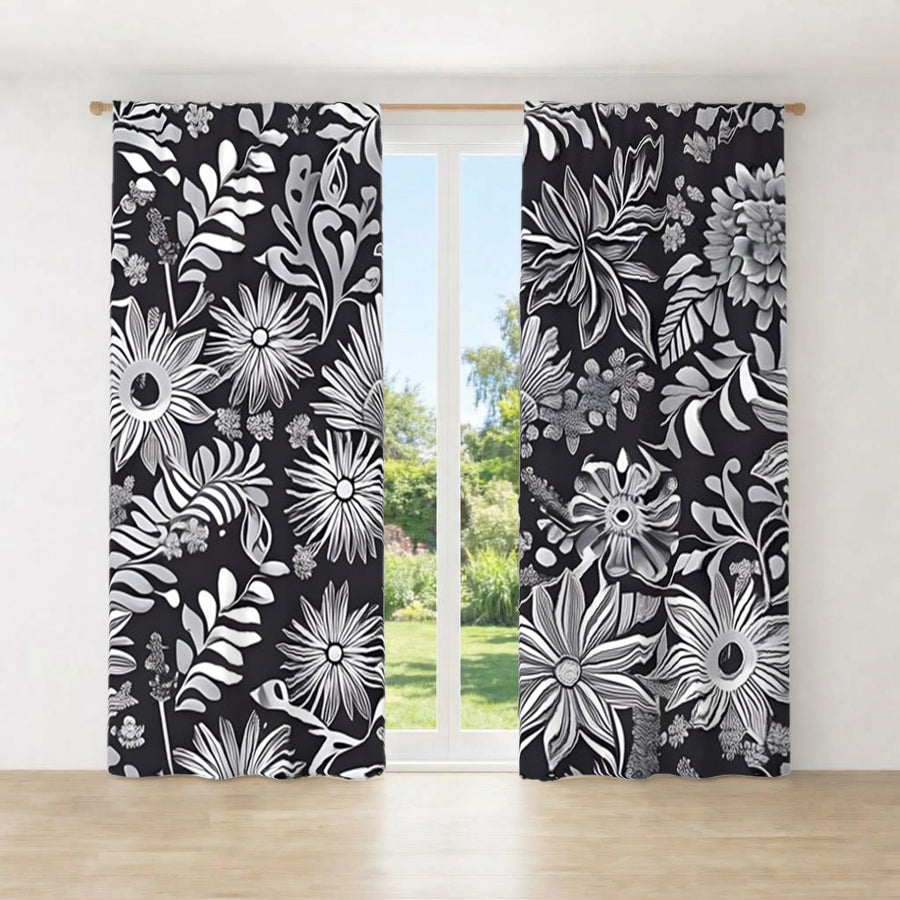 Gray Floral Botanical Pattern Window Curtains