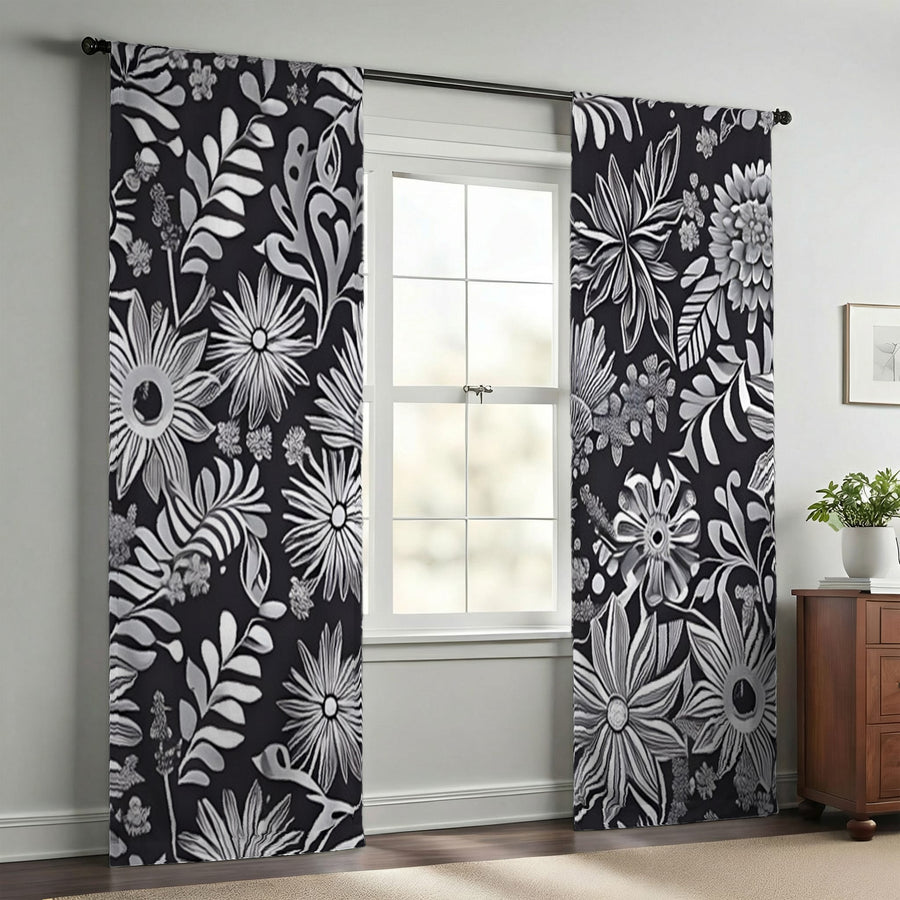 Gray Floral Botanical Pattern Window Curtains