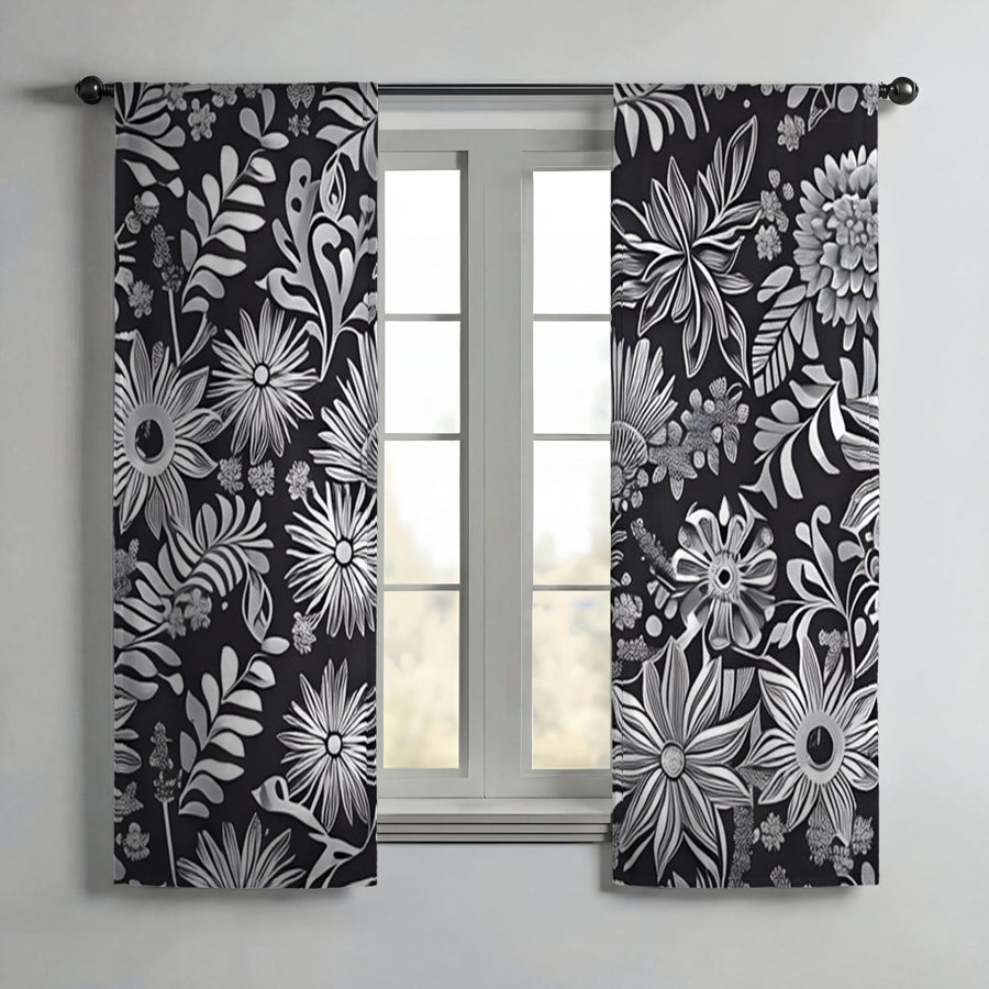 Gray Floral Botanical Pattern Window Curtains