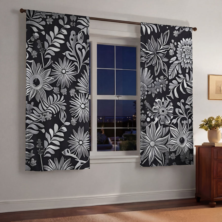 Gray Floral Botanical Pattern Window Curtains