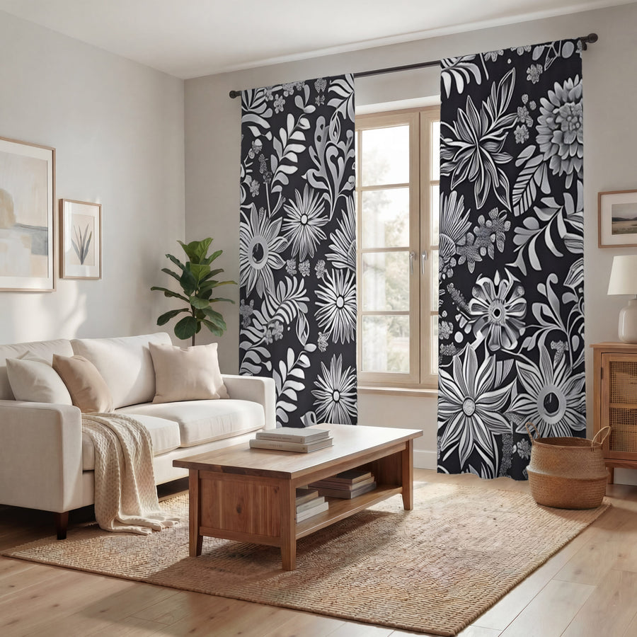 Gray Floral Botanical Pattern Window Curtains