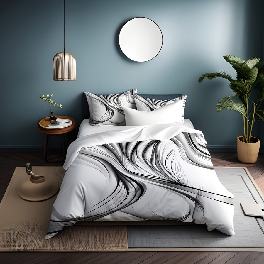 Black and White Fluid Line Pattern Duvet Cover
