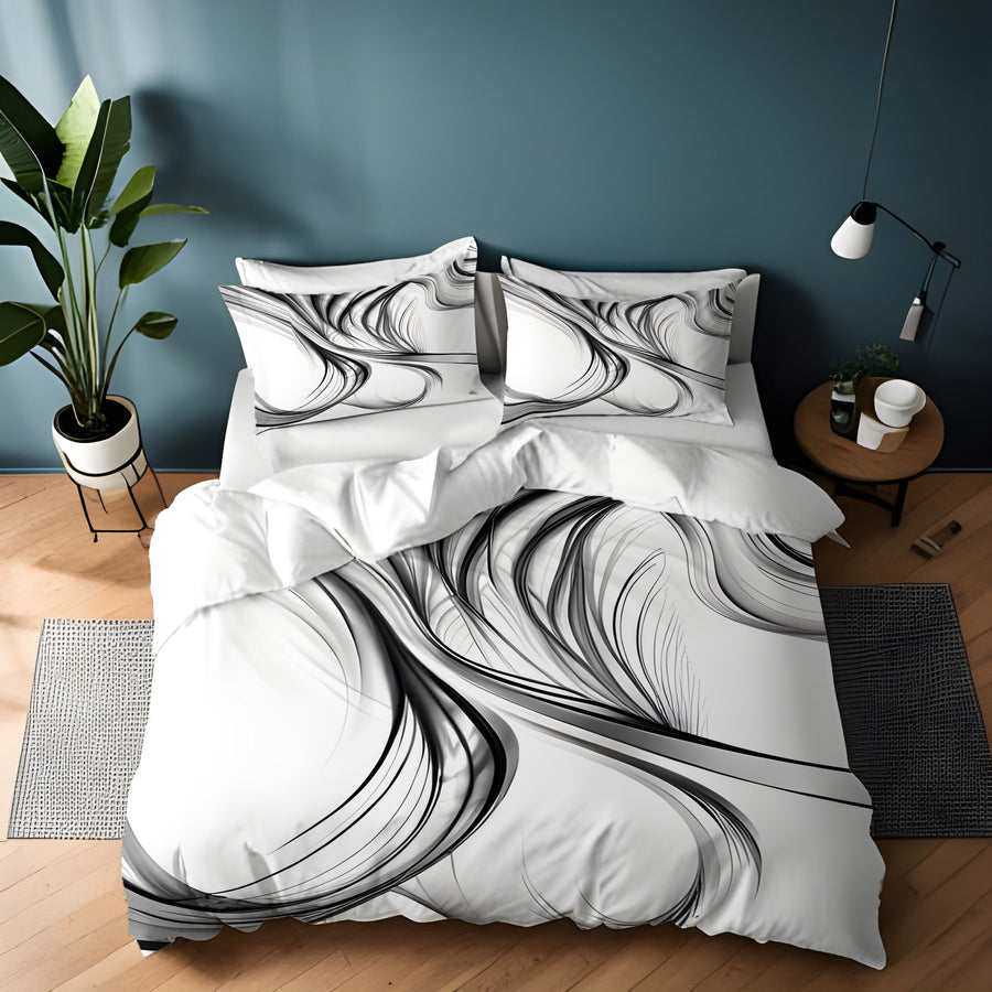 Black and White Fluid Line Pattern Duvet Cover
