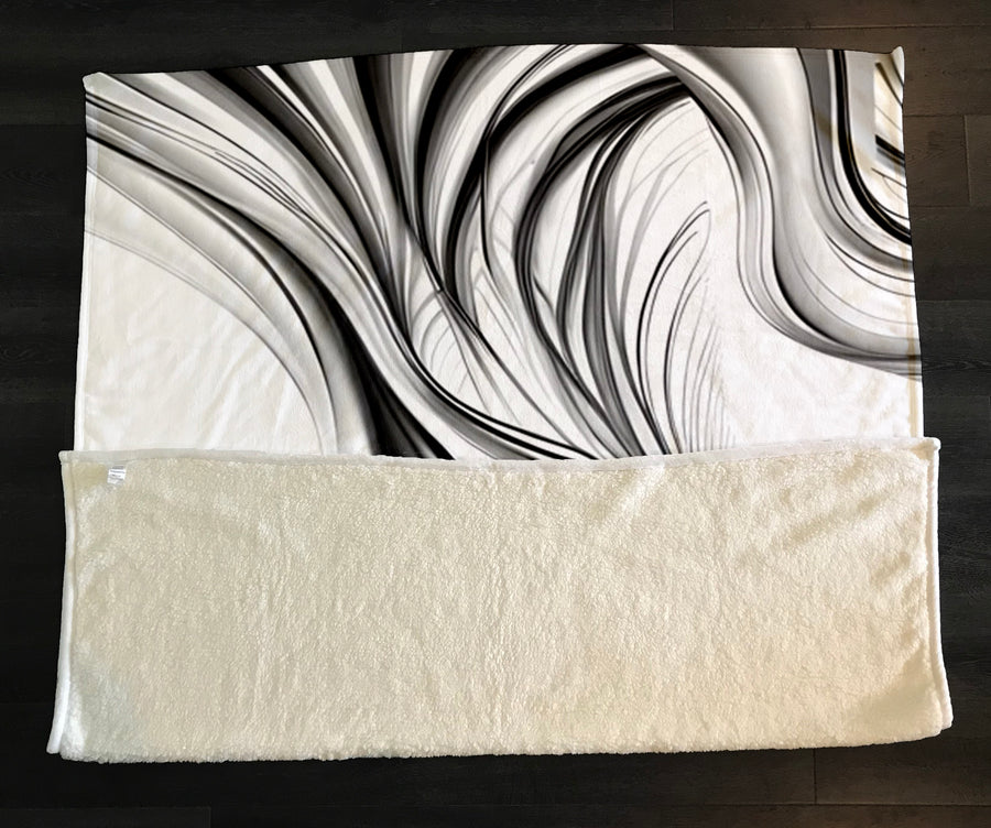 Black and White Fluid Line Pattern Fleece Sherpa Blanket