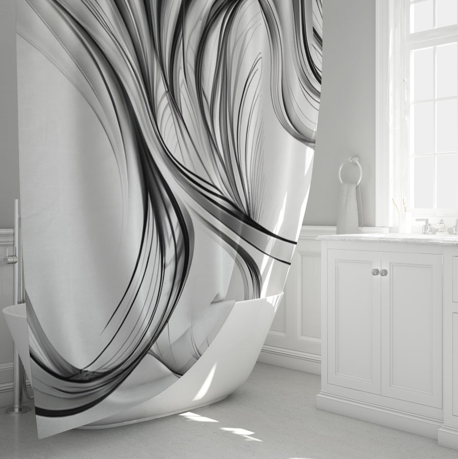 Black and White Fluid Line Pattern Shower Curtain