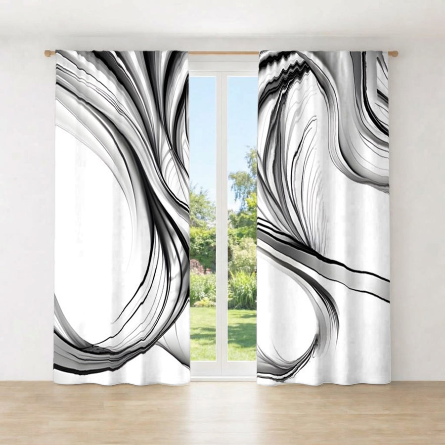 Black and White Fluid Line Pattern Window Curtains