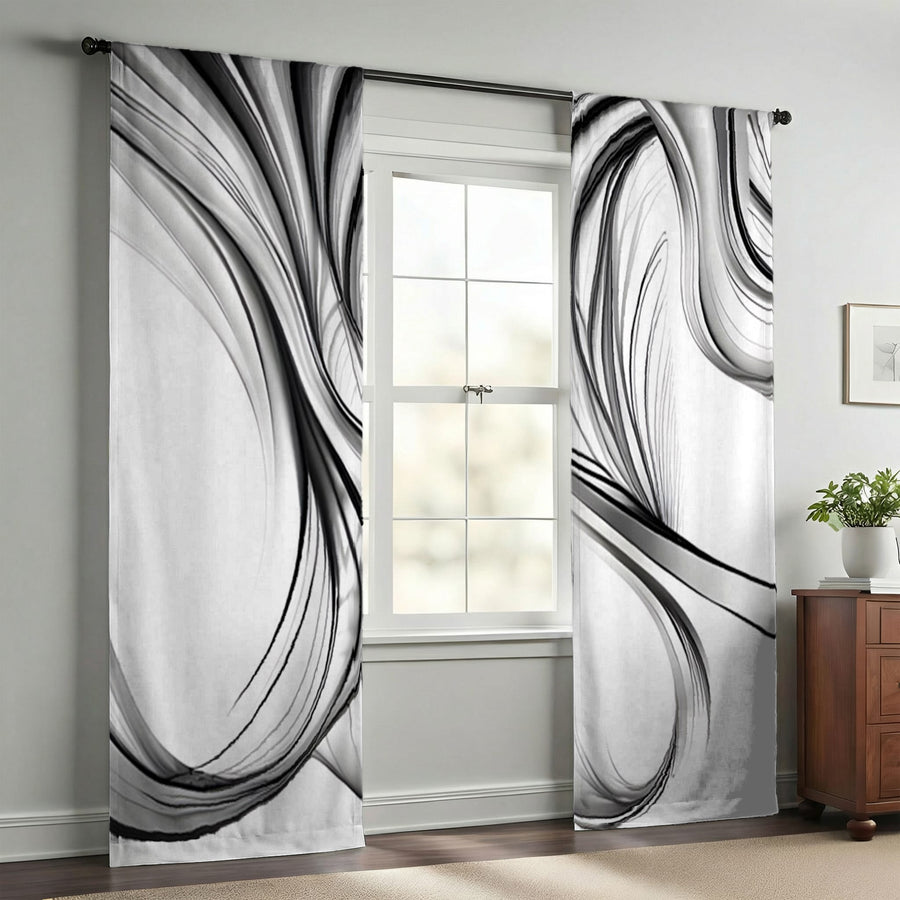 Black and White Fluid Line Pattern Window Curtains