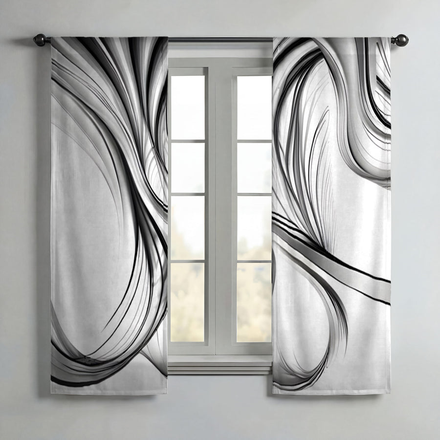 Black and White Fluid Line Pattern Window Curtains