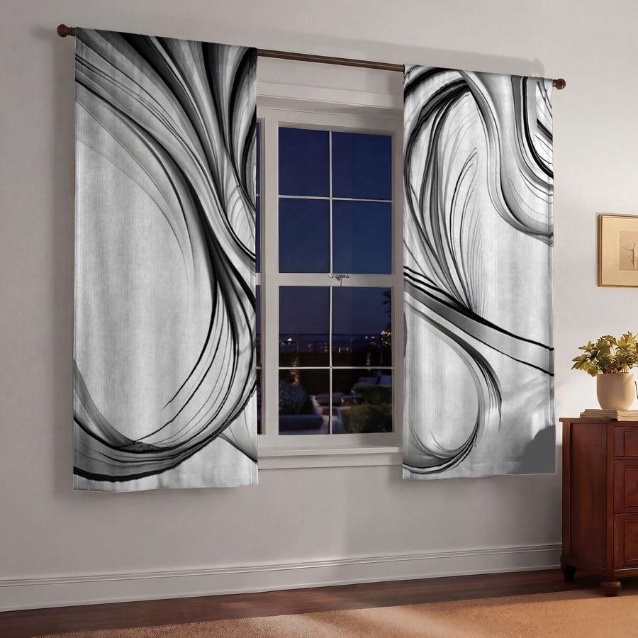 Black and White Fluid Line Pattern Window Curtains