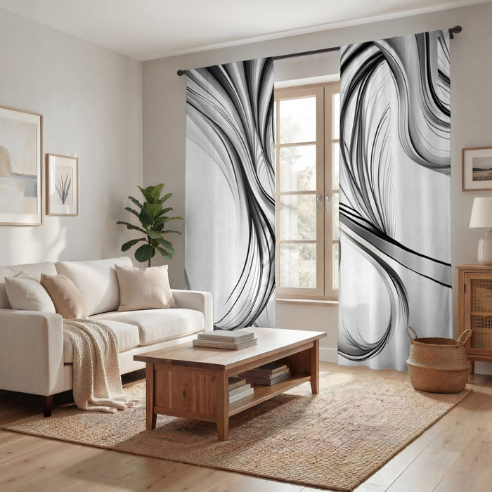 Black and White Fluid Line Pattern Window Curtains