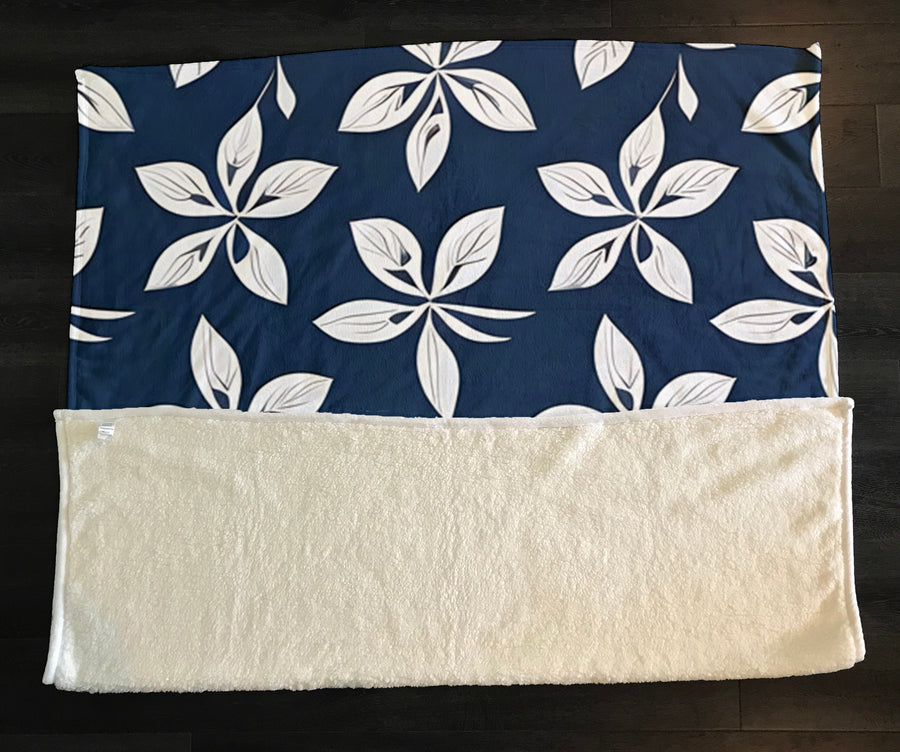 Blue Floral Geometric Pattern Fleece Sherpa Blanket