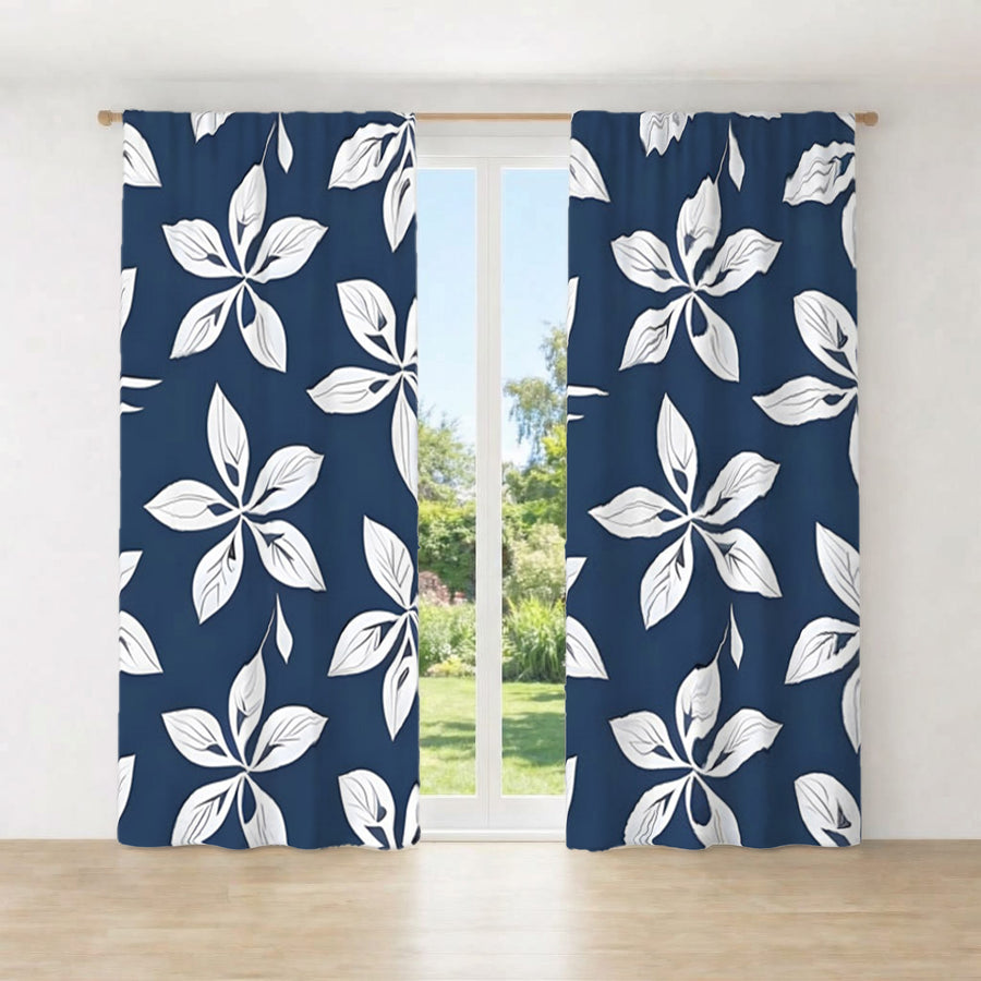 Blue Floral Geometric Pattern Window Curtains