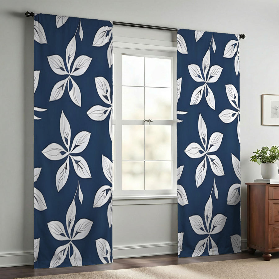 Blue Floral Geometric Pattern Window Curtains