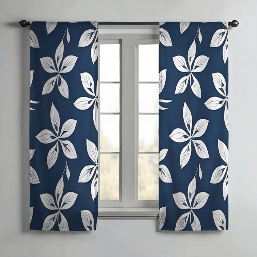 Blue Floral Geometric Pattern Window Curtains