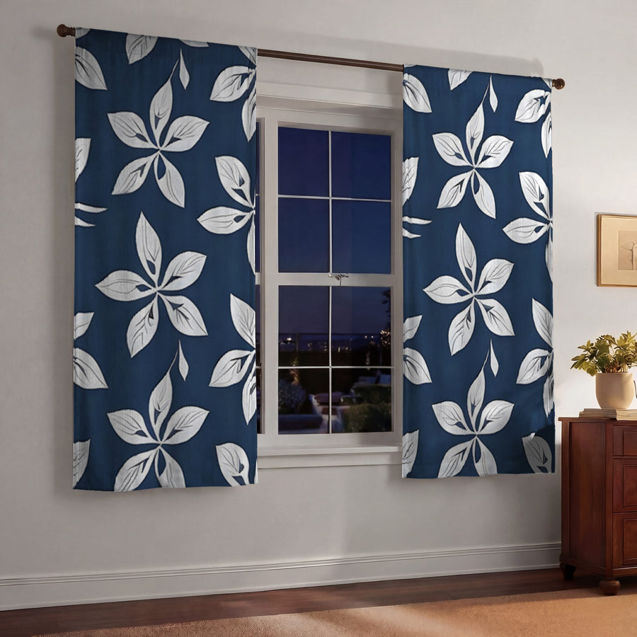 Blue Floral Geometric Pattern Window Curtains