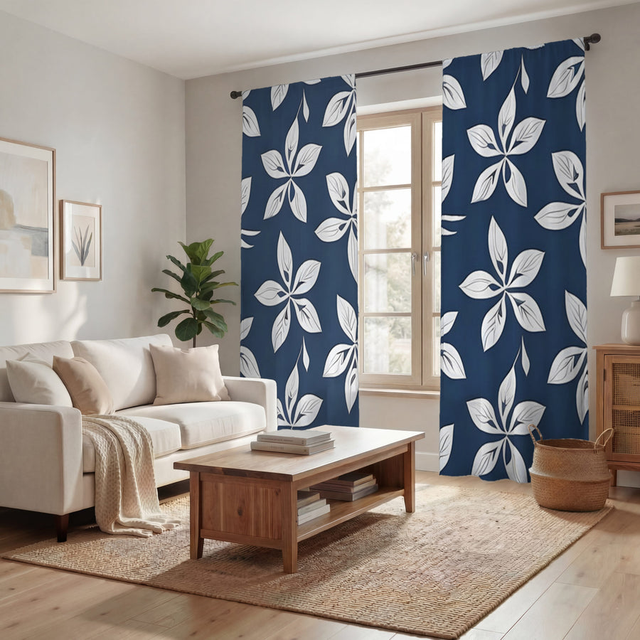 Blue Floral Geometric Pattern Window Curtains