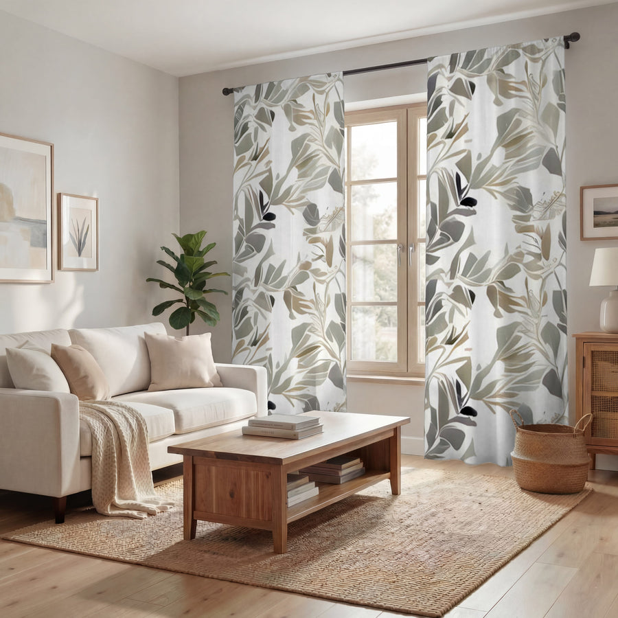 Beige Botanical Leaf Pattern Window Curtains