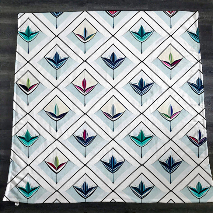 Teal Diamond Geometric Pattern Fleece Sherpa Blanket