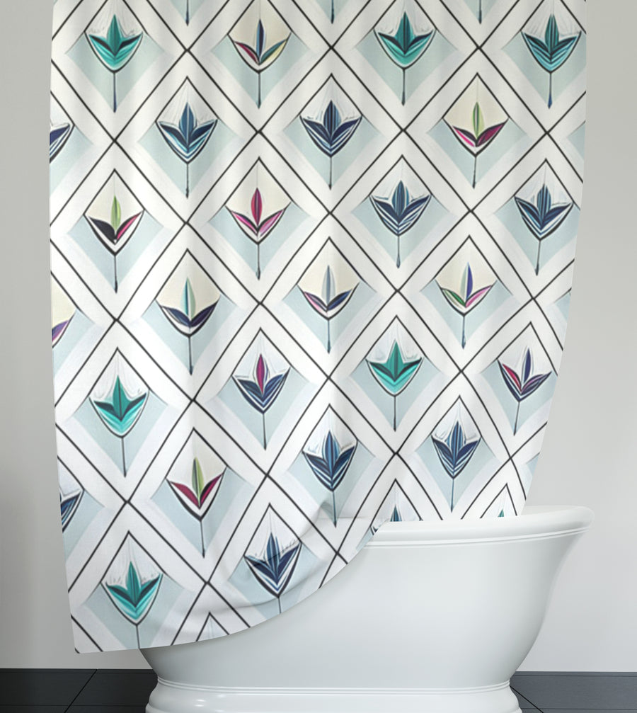 Teal Diamond Geometric Pattern Shower Curtain