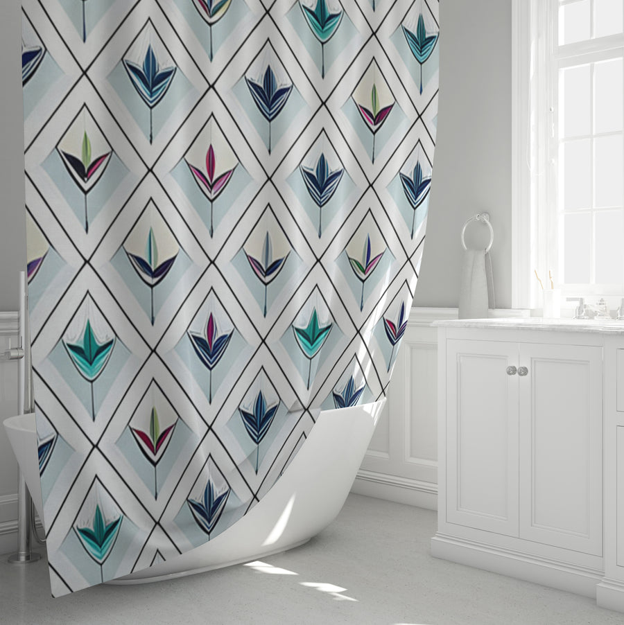 Teal Diamond Geometric Pattern Shower Curtain