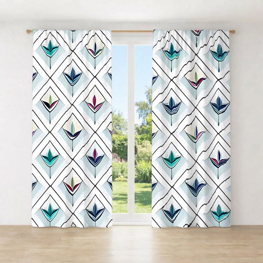 Teal Diamond Geometric Pattern Window Curtain