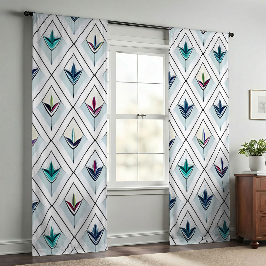 Teal Diamond Geometric Pattern Window Curtain