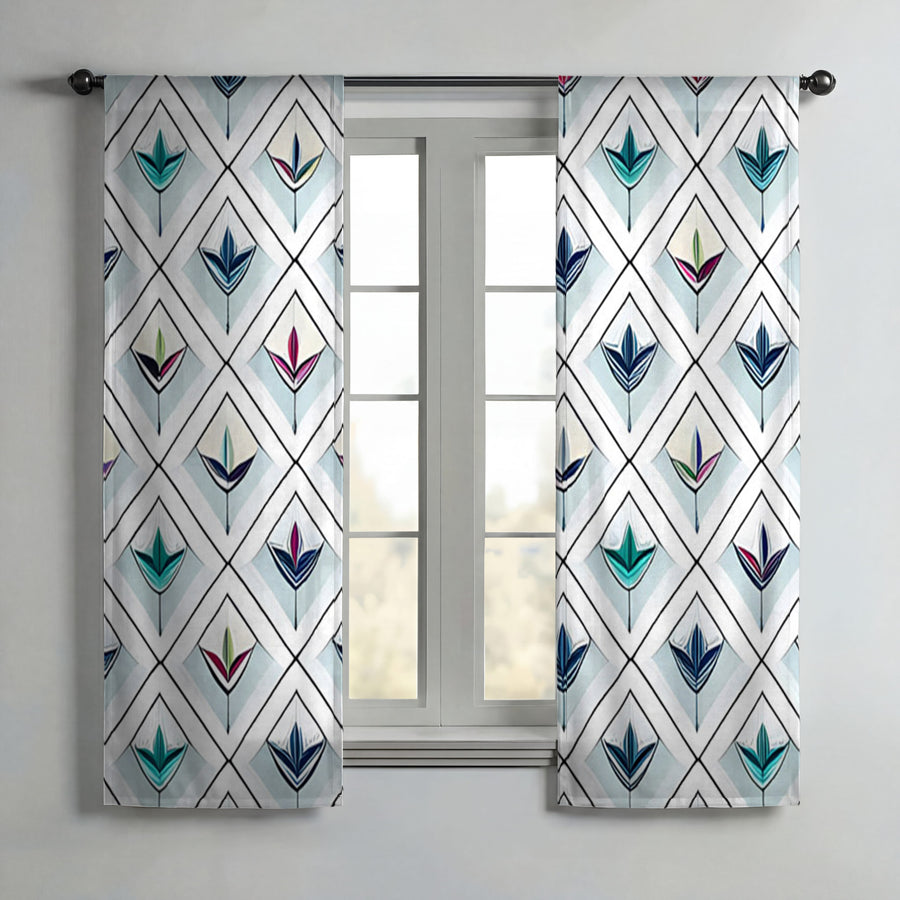 Teal Diamond Geometric Pattern Window Curtain