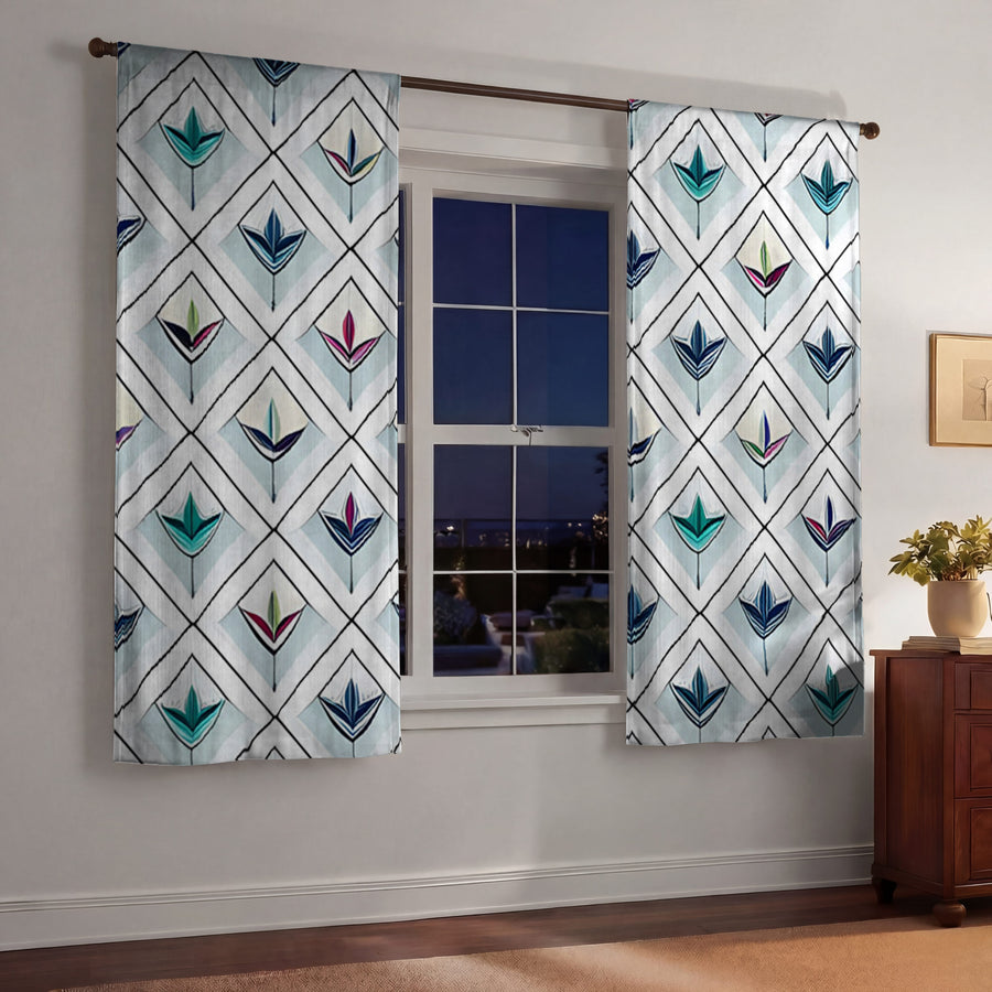 Teal Diamond Geometric Pattern Window Curtain