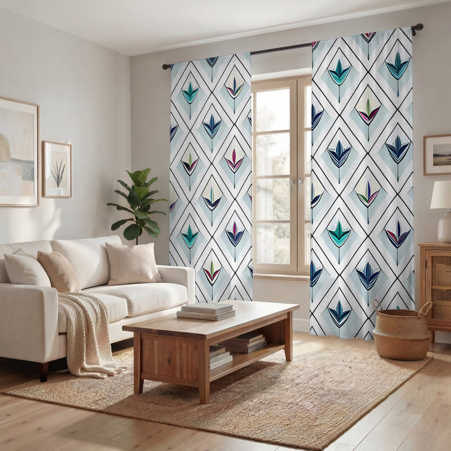 Teal Diamond Geometric Pattern Window Curtain
