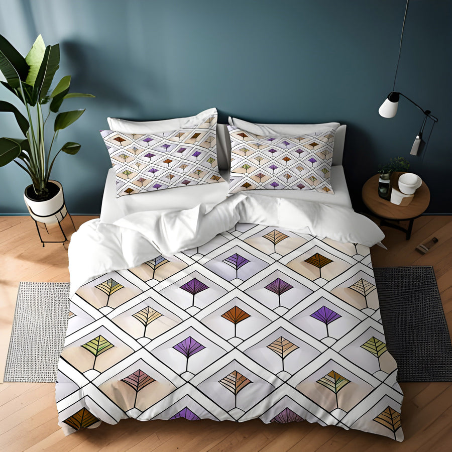 Beige and Purple Diamond Tile Pattern Duvet Cover