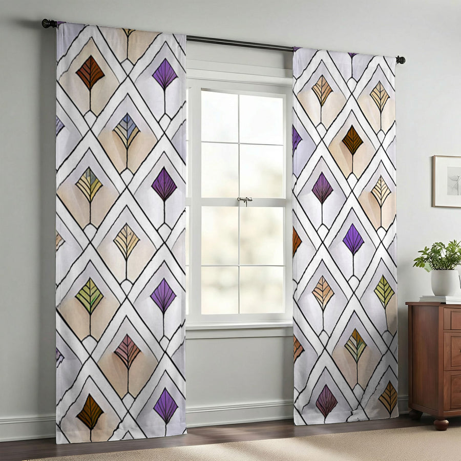 Beige and Purple Diamond Tile Pattern Window Curtain